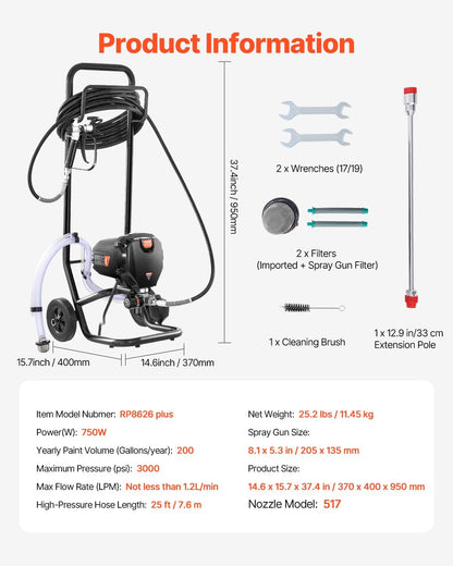 VEVOR Spuitverfsysteem, 750 W, 3000 psi, zonder lucht, met trolley, verfpistool met slang, 7,6 m, 1,2 l/min, voor schilderen binnen en buiten, benodigdheden voor hekken