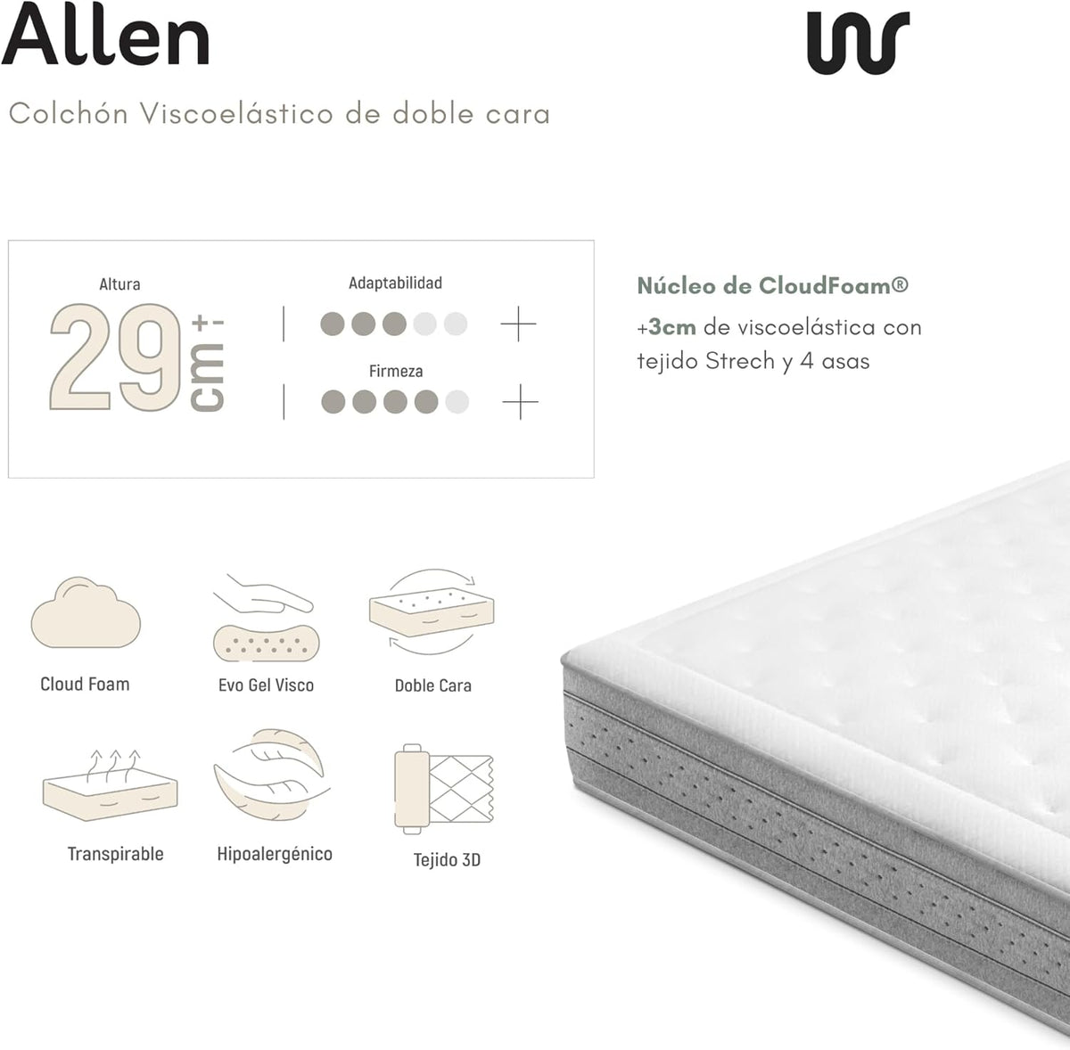 WIN REST Matras 160 x 200 cm, visco-elastisch en dubbelzijdig, model Allen, 29 cm hoogte, Cloudfoam-kern met gemiddelde sterkte, stretchstof, hypoallergeen, gemaakt in Spanje