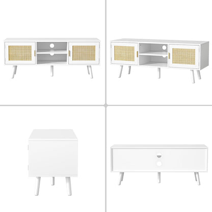 TV-meubel voor tv's tot 55 inch, rotan tv-console met 2 deuren en 2 open planken, Boho Media TV-kasten voor woonkamer, boerderij tv-units voor slaapkamer, wit