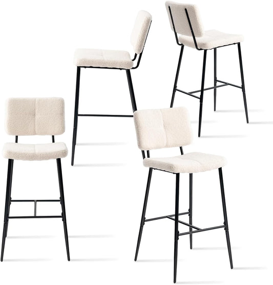 MEUBLE COSY Set van 4 barkrukken, hoge kruk met rugleuning en voetensteun, gevoerde keukenstoel met bouclé-stof, voor toonbank, eetkamer en huis, beige