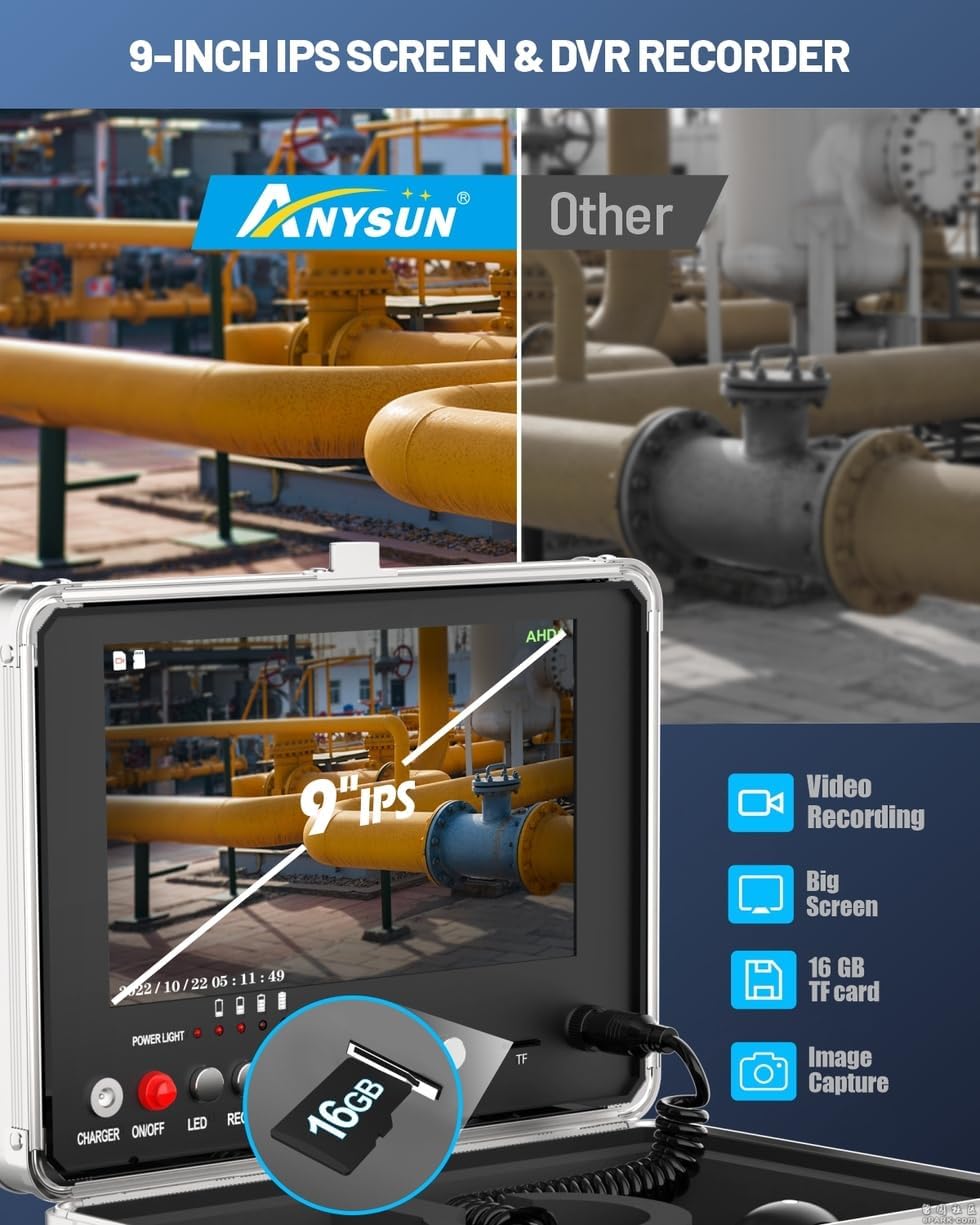 Anysun Inspectiecamera, kanaalcamera, endoscoopcamera met zelfnivellering, 512 Hz sondezender, DVR-recorder, buiscamera met licht, waterdicht IP68, 9 inch IPS-1080p kleurenmonitor (16 GB kaart)