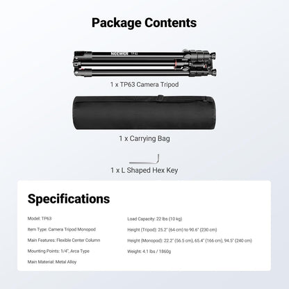 NEEWER Overhead horizontale camerastatief Monopod met kogelkop en flexibele middenkolom, 90 inch hoge metalen DSLR video-reisstandaard, Arca-type QR-plaat en omgekeerde poten, maximale belasting 15