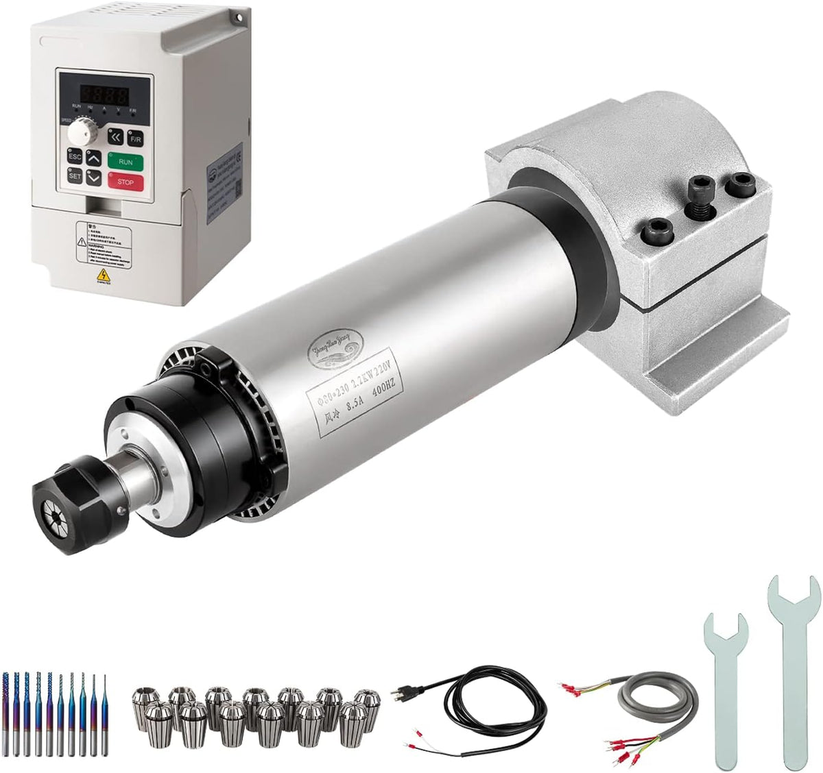 CNC-spindelmotorset, 220 V, 2,2 kW, Φ80 mm, CNC-motor, luchtgekoeld, spindel + 2,2 kW VFD + Φ80 mm klemhouder + ER20-kraag + boorbits + draden voor CNC-routermachine