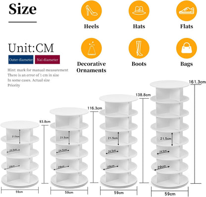 PTUWODS Rotatable 360 Degree Shoe Rack, Round Carousel, Vertical Handbag, White, 5 Floors - QUORE