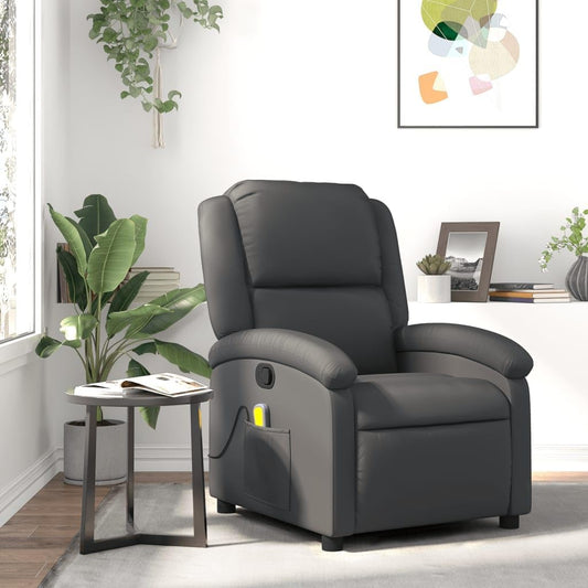 Massagestoel – Relaxstoel – TV-Stoel – Ligstoel – Enkele Stoel – Echt Leer – Handmatig Kantelsysteem – 6-Punts Vibratiemassage – Stijlvol Grijs