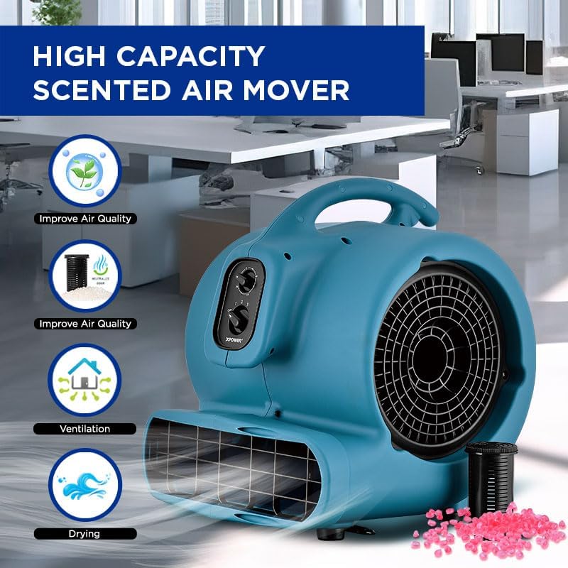 XPower Mighty Centrifugal Air Mover, Carpet Dryer, Floor Fan, Blower, Stackable, Daisy Chain, for Water Damage Restoration, Janitorial, Plumbing, Home Use (Blau, P-850T 3200CFM)