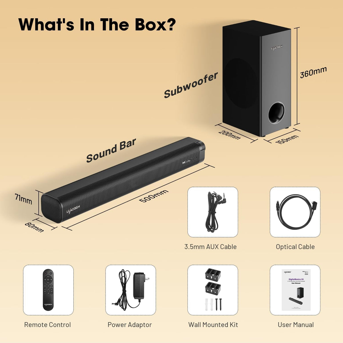 Soundbar voor TV 120W met Dolby Atmos, 2.1CH Surround Sound, TV Soundbar met Bedrade Subwoofer, 3D Home Cinema Geluid, 4 EQ Modi