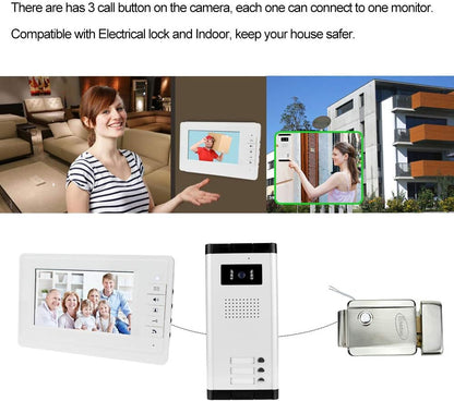 7 inch video-deurintercomsysteem, kleur bekabeld, infrarood deursysteem, nachtzichtcamera + binnenmonitor voor 2/3 woningen (3 monitoren)