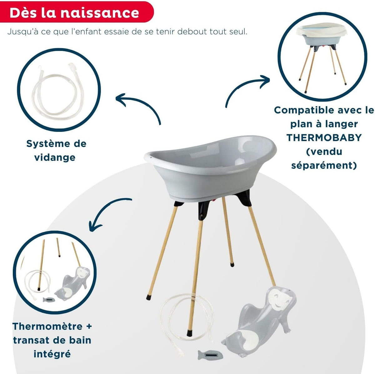 THERMOBABY - VASCO 5-in-1 babybad – badkuip, houten voet, afvoerslang, badstoel, thermometer – charmegrijs – opvouwbaar en stabiel – gemaakt in Frankrijk