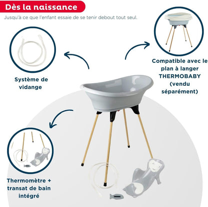 THERMOBABY - VASCO 5-in-1 babybad – badkuip, houten voet, afvoerslang, badstoel, thermometer – charmegrijs – opvouwbaar en stabiel – gemaakt in Frankrijk
