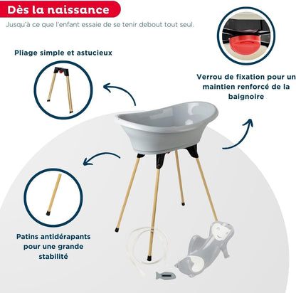 THERMOBABY - VASCO 5-in-1 babybad – badkuip, houten voet, afvoerslang, badstoel, thermometer – charmegrijs – opvouwbaar en stabiel – gemaakt in Frankrijk