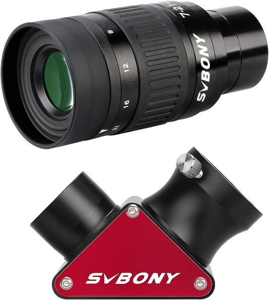 zoom telescoop oculair accessoires 1.25'' 7-21mm brandpuntsafstand 50° 47° veldweergave 18mm 16.3mm oogreliëf zenit diëlektrische spiegel 99% reflectiviteit astronomie planetaire maan mars deep sky