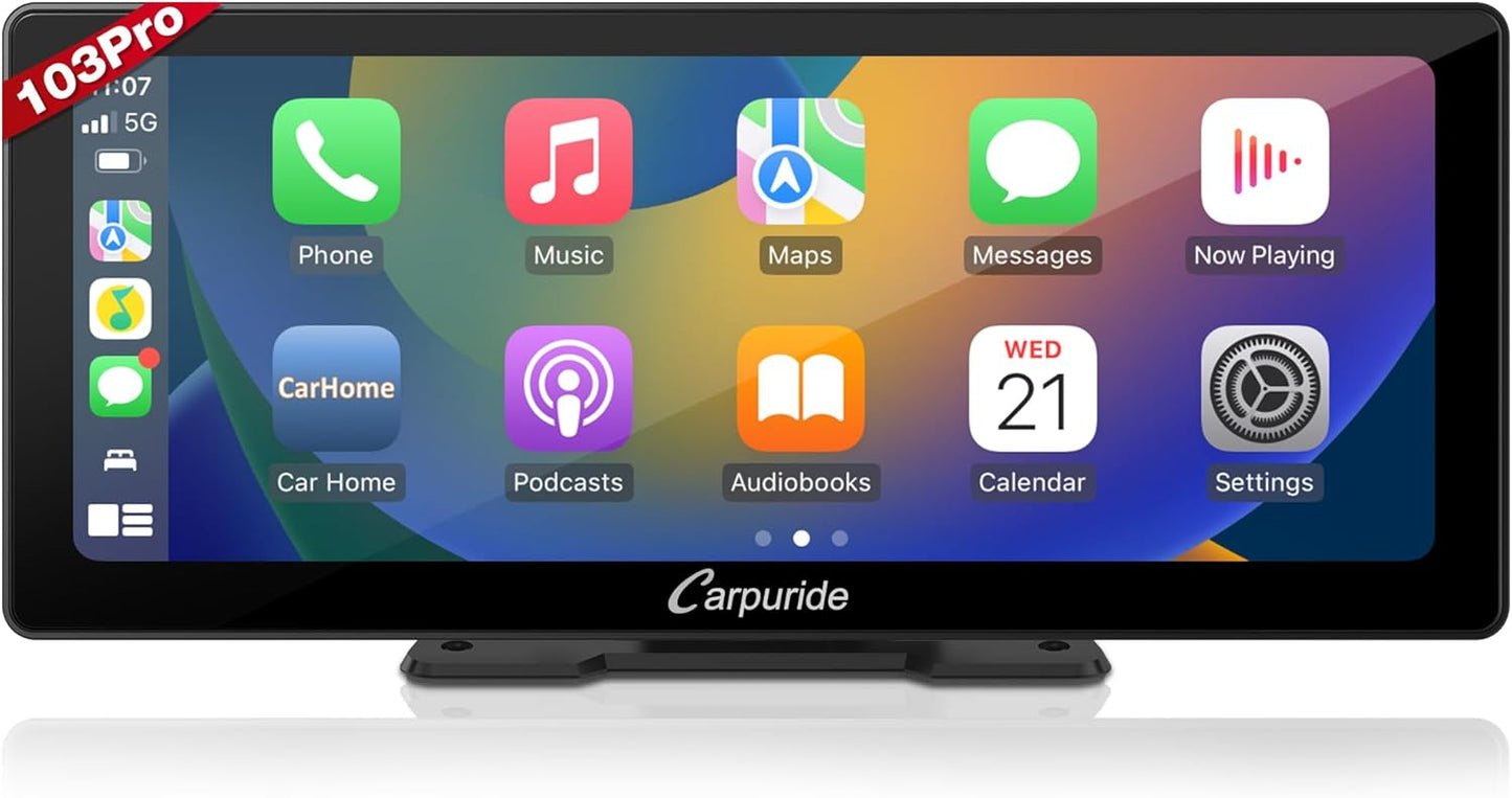 Carpuride W103 Pro met Draadloze Bluetooth Transmissie Draagbare Apple Carplay & Android Auto Autoradio, 10,3 inch 1080P Touchscreen, Mirror Link/GPS/Siri/FM/Google, Dashboard Gemonteerd