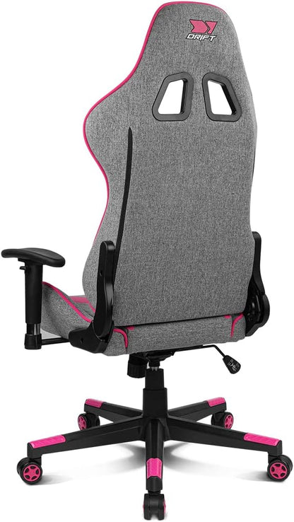 DRIFT Gaming Chair DR90 -DR90GP - Professionele Gaming Stoel, ademende stof, gestoffeerde 2D armleuningen, versterkte nylon basis, klasse 4 zuiger, kantelbaar, lumbaal/cervicaal kussen, grijs/roze