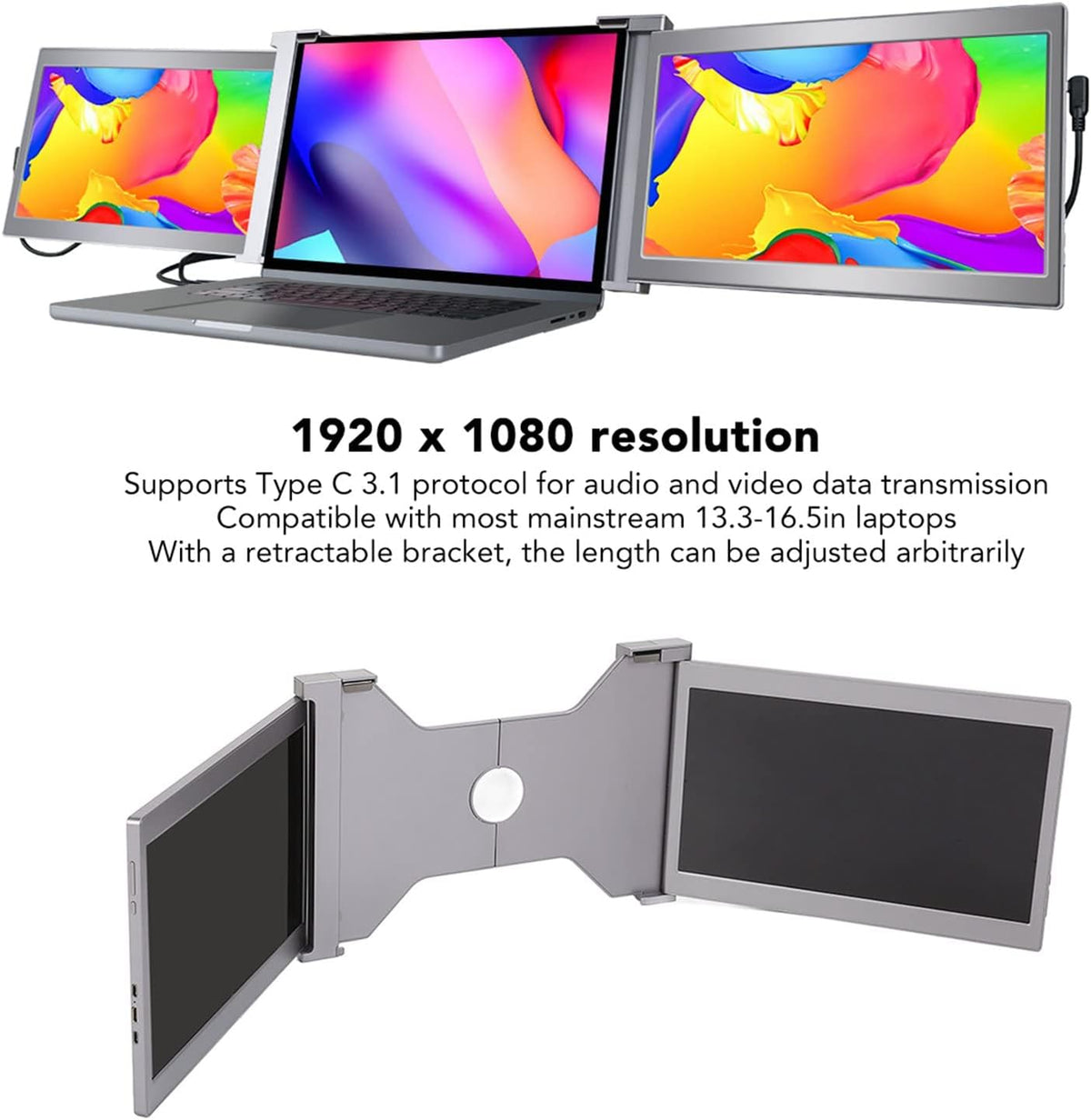 Triple Portable Monitor for Laptop, 13.3 Inch FHD 1080P IPS Laptop Screen Extender, External Dual Monitor for 13.3 To 16.5 Inch Laptop, Compatible with PC, Mobile, PS3/4(Black) - QUORE