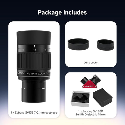zoom telescoop oculair accessoires 1.25'' 7-21mm brandpuntsafstand 50° 47° veldweergave 18mm 16.3mm oogreliëf zenit diëlektrische spiegel 99% reflectiviteit astronomie planetaire maan mars deep sky