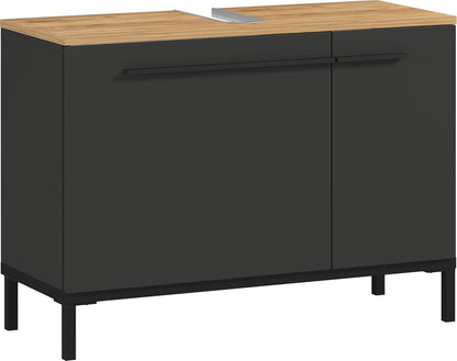 Germania WB Base Cabinet 2670-549 GW-Yonkers, in Graphite/Navarre Oak-Nb., with siphon recess, 80 x 59 x 34 cm (W x H x D) - QUORE