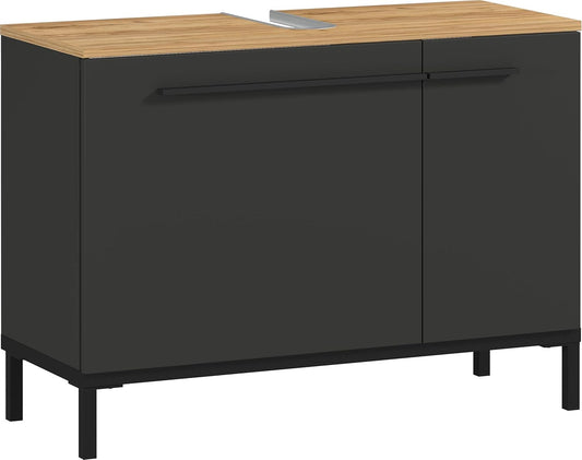 Germania WB Base Cabinet 2670-549 GW-Yonkers, in Graphite/Navarre Oak-Nb., with siphon recess, 80 x 59 x 34 cm (W x H x D) - QUORE