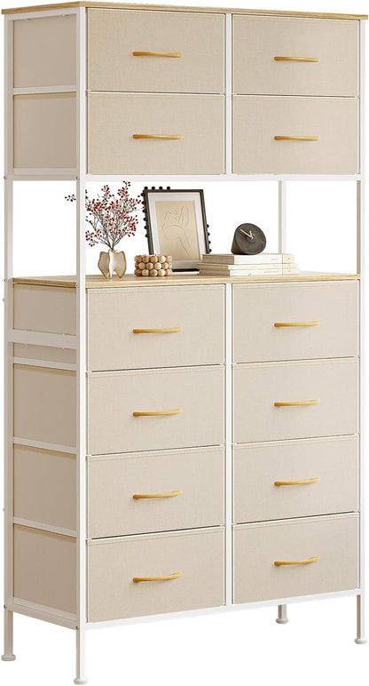 Ladekast – Kast – Opbergkast – Dressoir – Ladenkast – Beige – 12 Ruime Lades – Stevig Metalen Frame