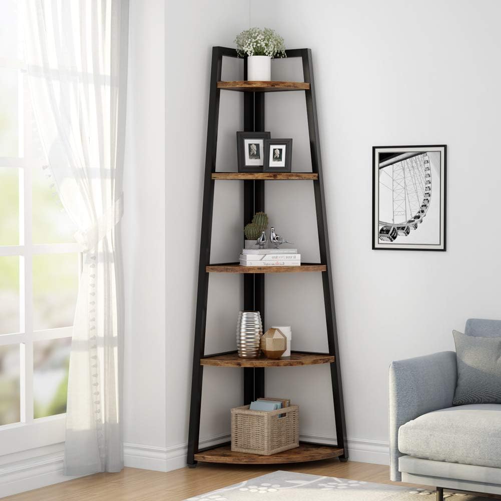 Tribesigns 70" Tall Corner Shelf, 5 Tier Rustic Corner Bookshelf Industrial Corner Ladder Shelf Small Bookcase Plant Stand for Living Room, Kitchen, Home Office