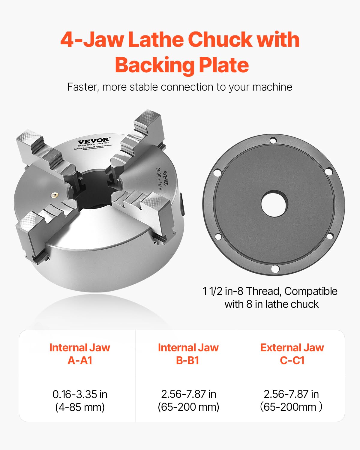 VEVOR 4 Jaws, 200 mm, Self-Centering Drill Chuck with 1 1/2"-8 Thread Support Plate, 4-200 mm Clamping Range with T-Wrench Screws, HT300 Material, for Wood Metal Lathe
