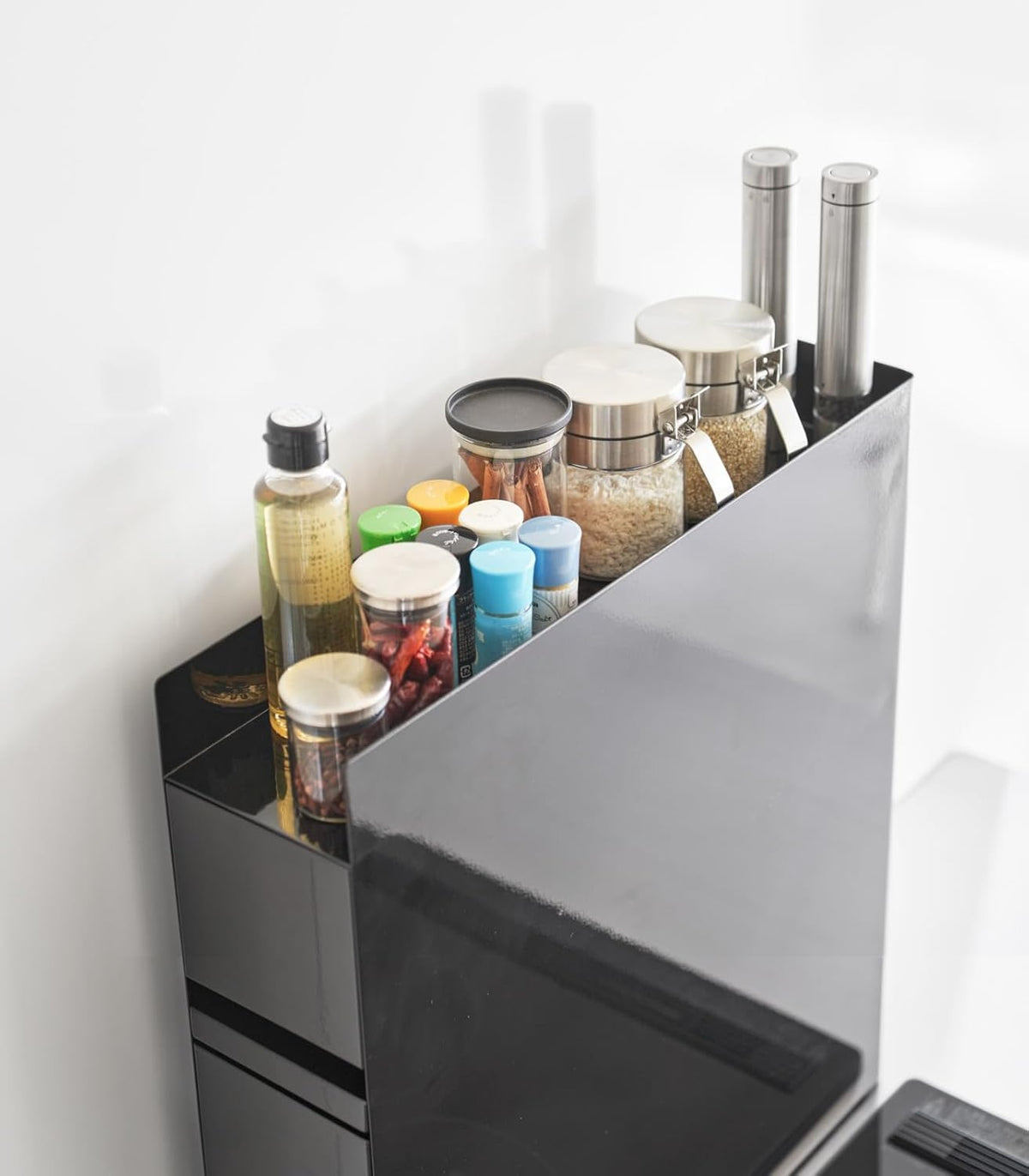 Yamazaki 4335 TOWER 2~Tiered Sliding Seasoning Rack, black, Steel/Polypropylene, 12.5 x 50~93 x 52.5 cm