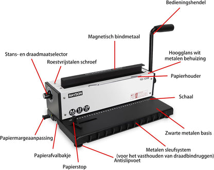 RAYSON TD-1200 Metaaldraad bindmachine – 3:1 ponsafstand, 34 gaten, perforeert 12 A4-bladzijden, bindt tot 120 pagina’s