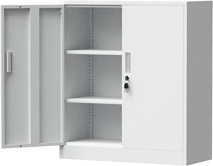 Dossierkast, kantoorkast, opbergkast, metalen kast, stalen kast, opbergkast van metaal met afsluitbare deuren en 2 verstelbare planken, 92 x 80 x 40 cm (wit, 92 H cm)