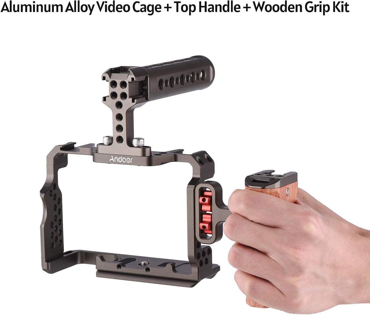 Andoer Camera Rig Vervangingsset van aluminiumlegering met houten handvat aan de bovenkant van de video voor Sony A7R III, A7 II, A7III