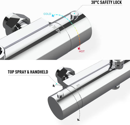 Doucheset – Douchekop – Regendouche – Douchesysteem – Thermostaatkraan – Vierkante Regendouche 25x25 cm – Roestvrijstalen Douchestang Verstelbaar 92-126 cm