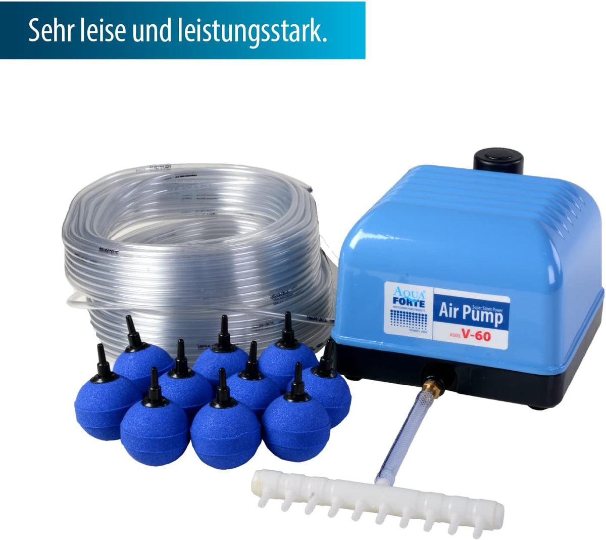 AquaForte Hi-Flow V-60 luchtpompset, complete set met luchtverdelers, 50 m slang 4 x 6 mm en 10 luchtstenen 5 cm, capaciteit bij 2 meter 40 liter per minuut, maximale vijver 36 m3