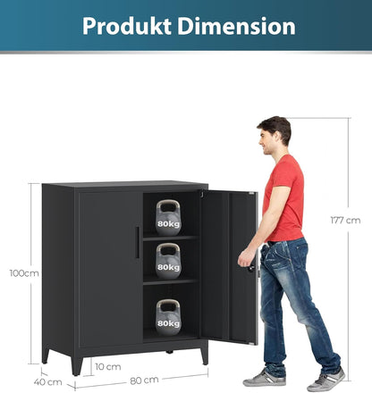 Dossierkast, afsluitbare garagekast, 2-laags kantoorkast, werkplaatskast met verstelbare planken, voor kantoor, garage en huishoudkamer, 40 x 80 x 100 cm, Zwart