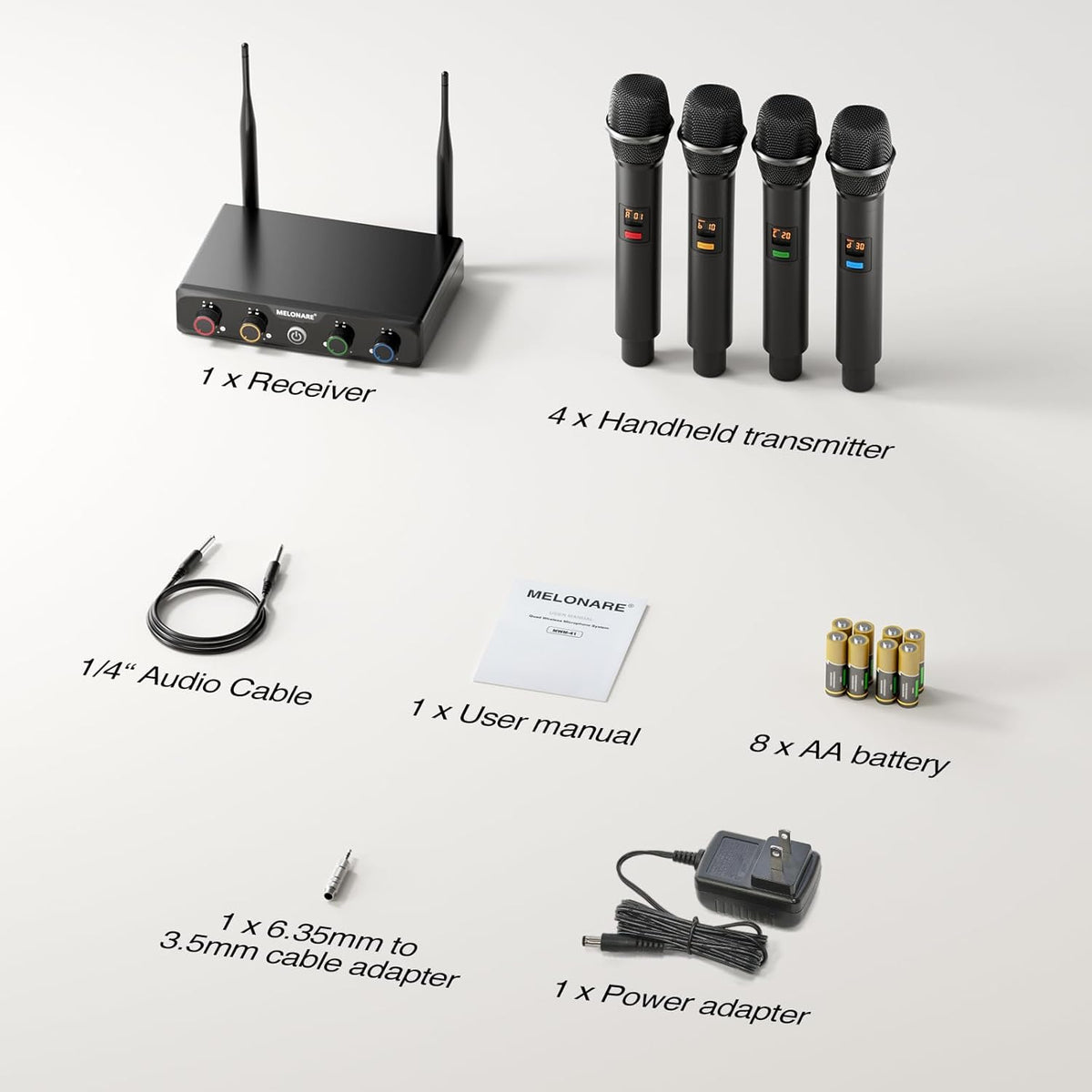 4-Kanaals Draadloos Microfoonsysteem – Draadloze Microfoonset – 4 Handmicrofoons – Karaoke Microfoonset – Spraakmicrofoon – UHF Digitaal – Bereik Tot 60 Meter