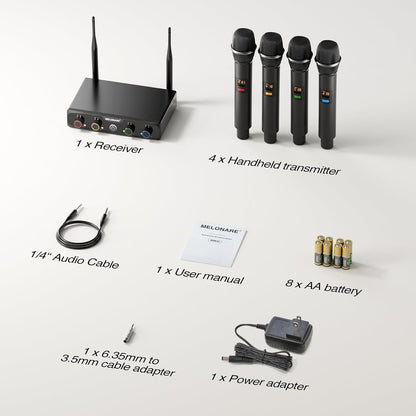 4-Kanaals Draadloos Microfoonsysteem – Draadloze Microfoonset – 4 Handmicrofoons – Karaoke Microfoonset – Spraakmicrofoon – UHF Digitaal – Bereik Tot 60 Meter