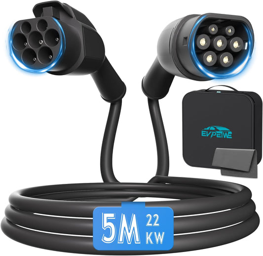 Type 2 EV oplaadkabel verlengkabel, 22 KW/32 A 3-fasen oplaadkabel verlengkabel met veiligheidsslot voor IEC-62196 BEV & PHEV voor type 2 EV-oplader, 8 m