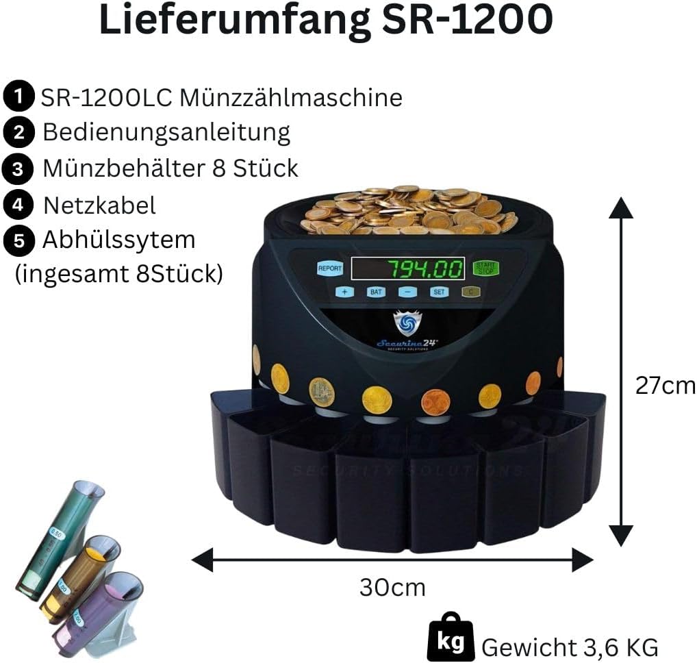 Muntteller geldtelmachine Euro munten SR1200 met afdekking van Securina24® zwart - BBB