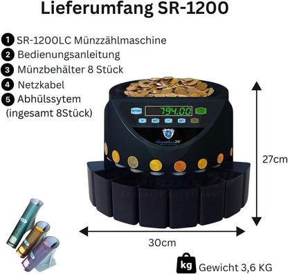 Muntteller geldtelmachine Euro munten SR1200 met afdekking van Securina24® zwart - BBB
