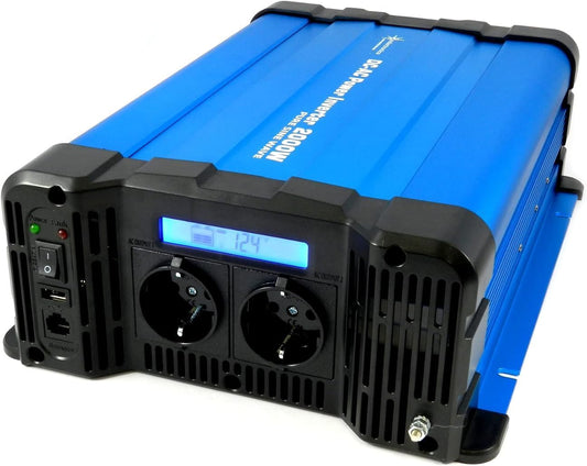 solartronics Spanningsomvormer FS2000D 12V 2000/4000 Watt Pure Sinus BLAUW m. Display FS Serie LiFePO4 / lithium, lood-, gel of AGM-batterij compatibel inverter omvormer
