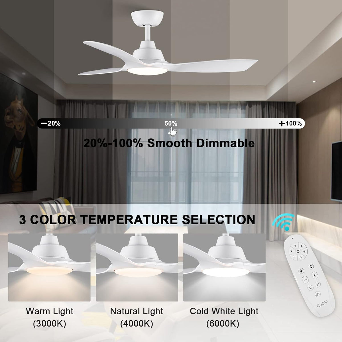 CJOY Plafondventilator met licht en afstandsbediening, 107 cm, wit, plafondventilator, dimbaar, DC, 6 snelheden, 3CCT-geheugen, slaapmodus, voor slaapkamer/woonkamer