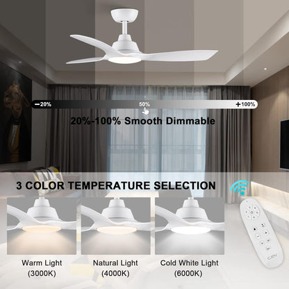 CJOY Plafondventilator met licht en afstandsbediening, 107 cm, wit, plafondventilator, dimbaar, DC, 6 snelheden, 3CCT-geheugen, slaapmodus, voor slaapkamer/woonkamer