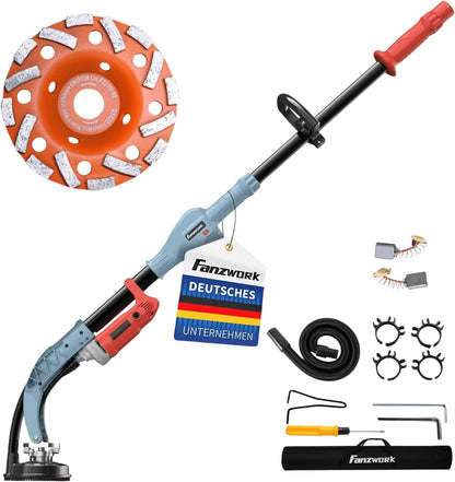 FANZWORK Betonschuurmachine, 1010 W, met telescoopstang tot 1,20 m, inclusief diamantslijpkop van 125 mm en draagtas, instelbare snelheid, ideaal voor het gladmaken van beton