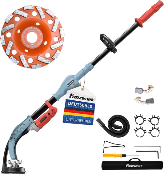FANZWORK Betonschuurmachine, 1010 W, met telescoopstang tot 1,20 m, inclusief diamantslijpkop van 125 mm en draagtas, instelbare snelheid, ideaal voor het gladmaken van beton