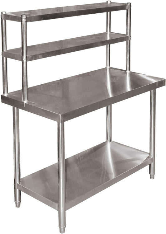 Wiltec werktafel van roestvrij staal 120x60x145 cm tot 120 kg, tafel met twee hoge planken en onderste legplank, roestvrijstalen werkbank met verstelbare tafelpoten en veel ruimte