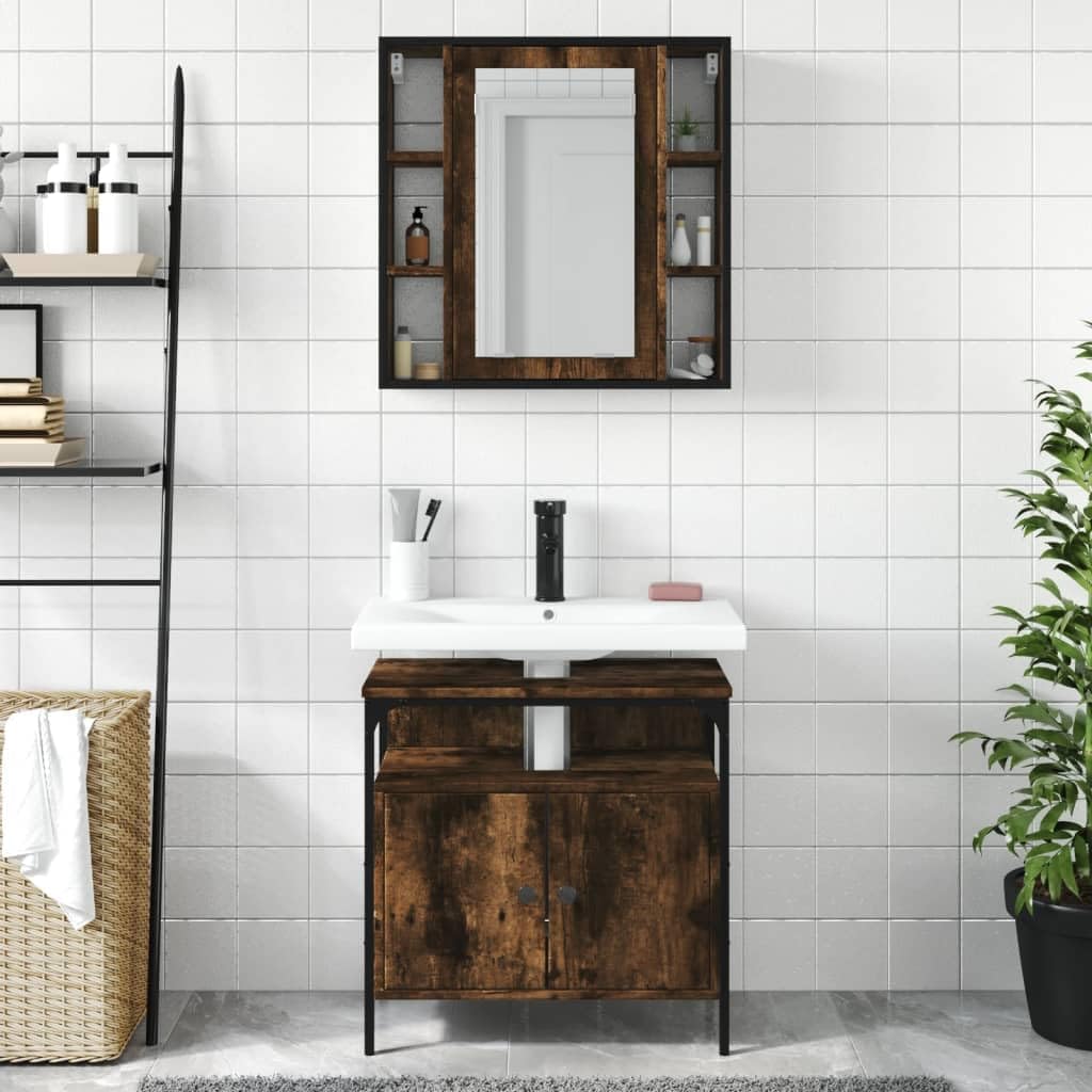 vidaXL 2 Piece Bathroom Furniture Set Decorated Wood Smoked Oak, Bathroom Set, Bathroom Cabinet, Bathroom Unit, Washbasin, Bathroom Cabinet
