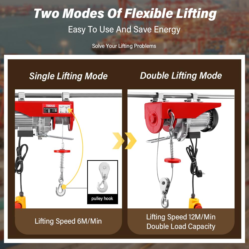 TEENO Elektrische takel 1200 W, overbelasting lift elektrische lier 220 V, enkele en dubbele ophanging 300 kg/600 kg, 6 m/min |12 m/min rood