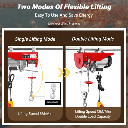 TEENO Elektrische takel 1200 W, overbelasting lift elektrische lier 220 V, enkele en dubbele ophanging 300 kg/600 kg, 6 m/min |12 m/min rood