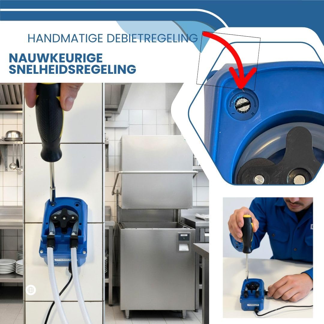 Peristaltische doseerpomp, verstelbaar, 120 ml/min, doseerder voor wasmiddel en glansspoelmiddel voor industriële vaatwassers, IP65, 5 W, wandmontage - QUORE