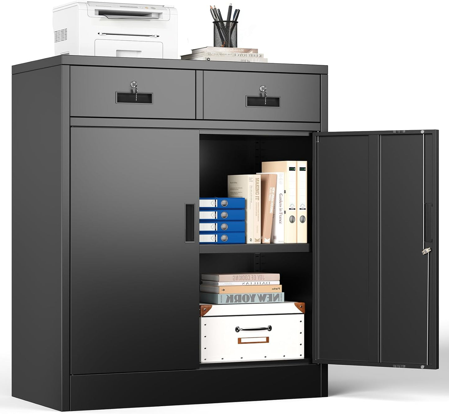 Aktskast, multifunctionele kast, kantoorkast met 2 deuren, kast afsluitbaar, opbergkast van staal, 2 laden en 1 verstelbare plank voor kantoor, garage (zwart, 90 x 80 x 40)