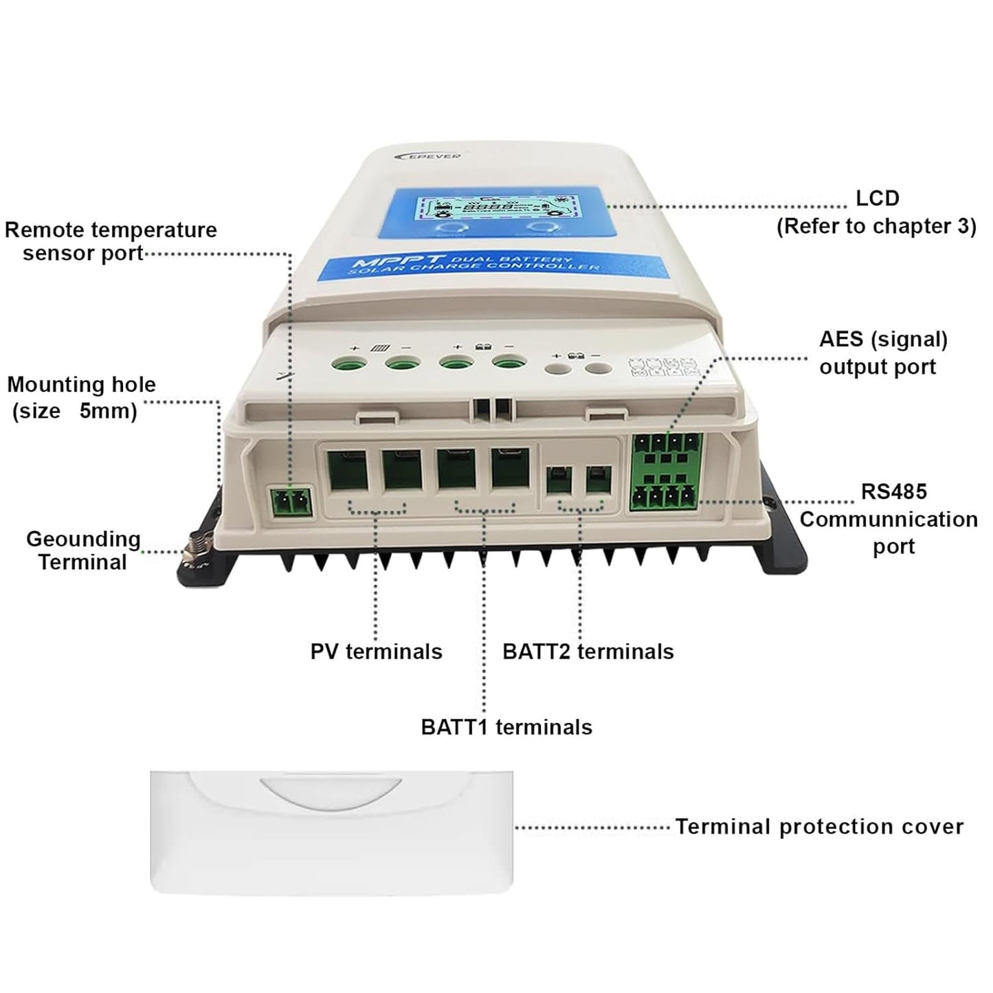 EPEVER® MPPT DuoRacer 30A laadregelaar solar charging controller DR3210N voor 2 batterijen, 12V/24V auto work, PV 100V (DR3210N)
