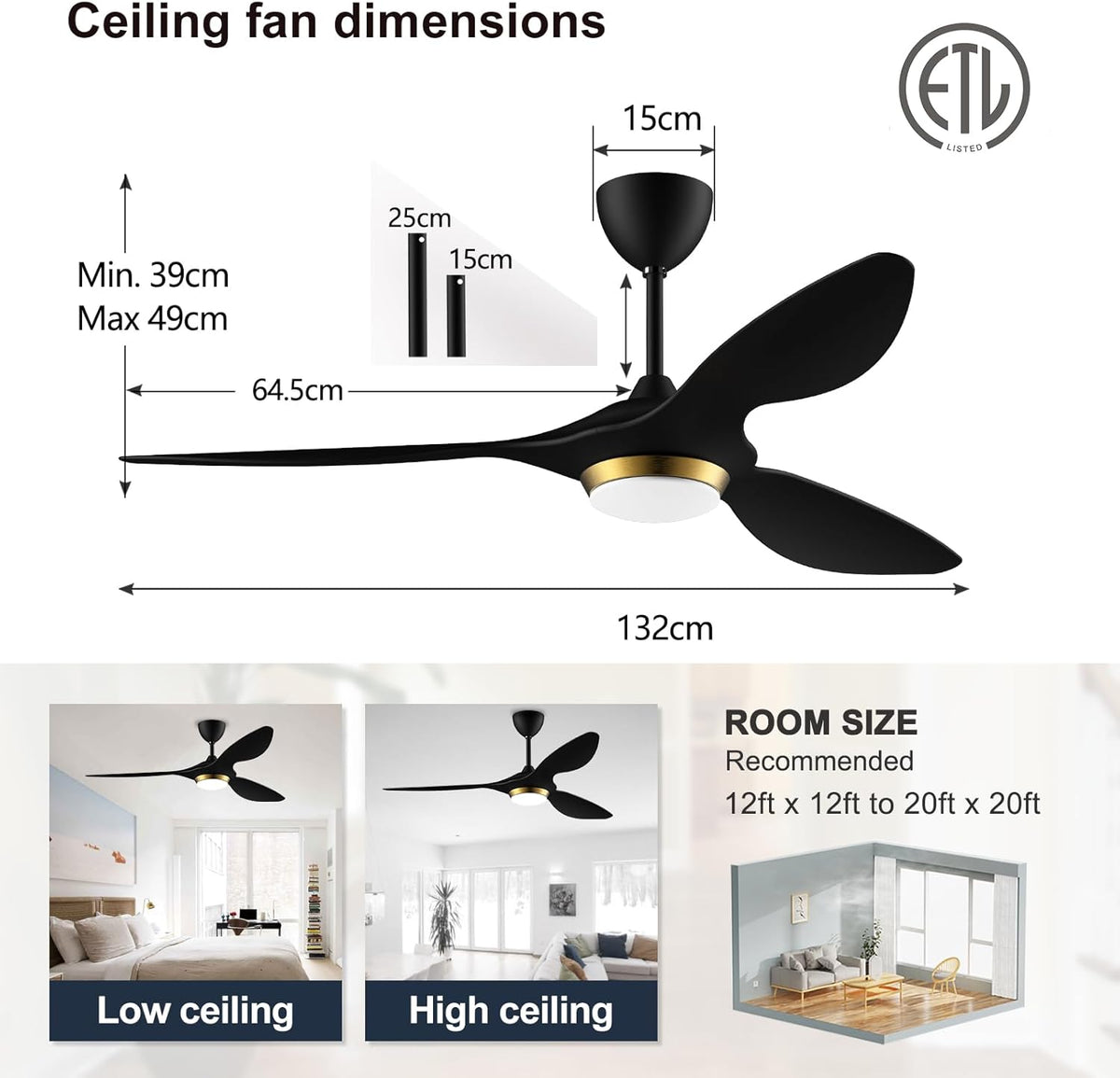 reiga 132cm Zwart-Goud Moderne Plafondventilator met Verlichting en Afstandsbediening, Slim WiFi, 3 Bladen, Stille DC-motor voor Woonkamer, Slaapkamer, Terras, Garage